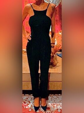 Black Slim-Fit Sleeveless Jumpsuit with Spaghetti Straps and Light blue piping